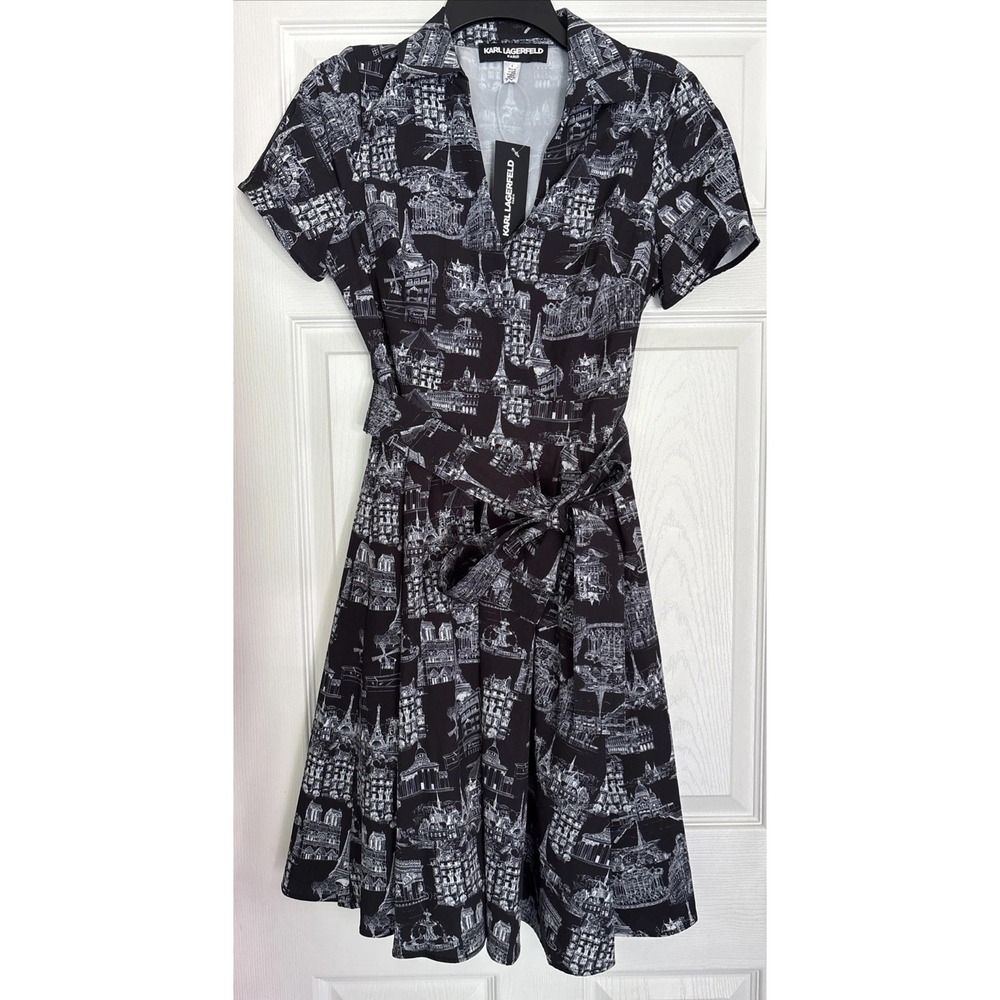 NWT Gorgeous KARL LAGERFELD PARIS Toile Tie-Waist Dress, Black/White, Sz 4, $159